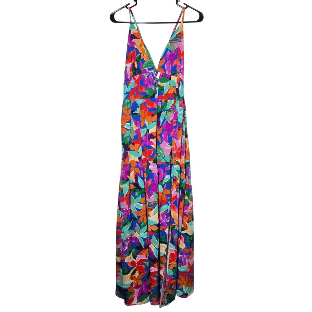 Gomorn Floral Maxi Dress XL 16 Vneck Tiered Boho Tropical Summer Vacation Beach